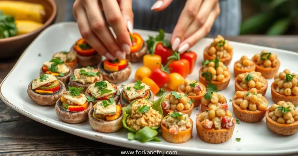 Fork And Fry - A beautifully arranged platter of vibrant vegan finger foods, featuring colorful stuffed mushrooms, mini vegetable