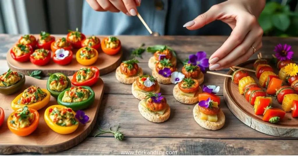 Fork And Fry - A vibrant array of colorful vegan party hors d'oeuvres displayed on a rustic wooden table, featuring stuffed mini peppers