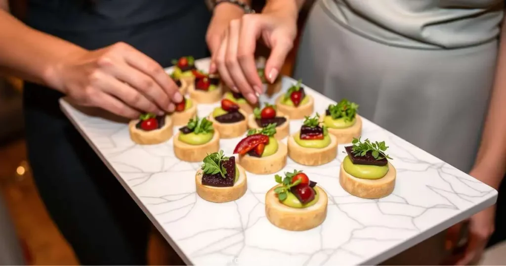 Elegant vegan canapés displayed on a chic serving platter, featuring colorful ingredients like roasted beetroot