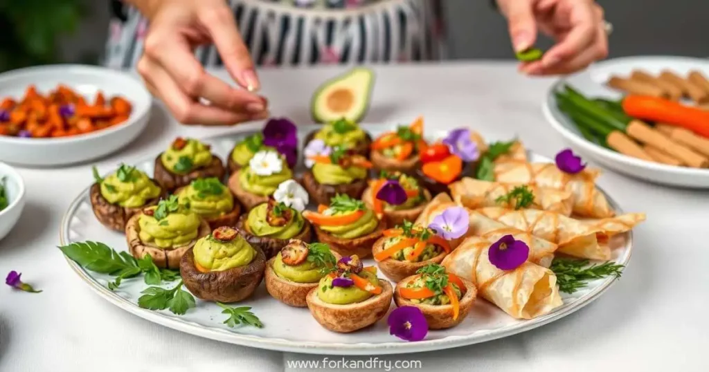 Fork And Fry - A vibrant and colorful display of seasonal vegan party hors d'oeuvres arranged on an elegant platter, featuring stuffed