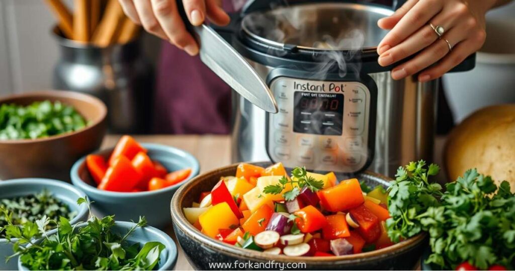 Fork-And-Fry-Close-up-of-vibrant-colorful-vegetables-being-chopped-and-added-to-an-Instant-Pot-with-a-womans-hands-in-the-frame