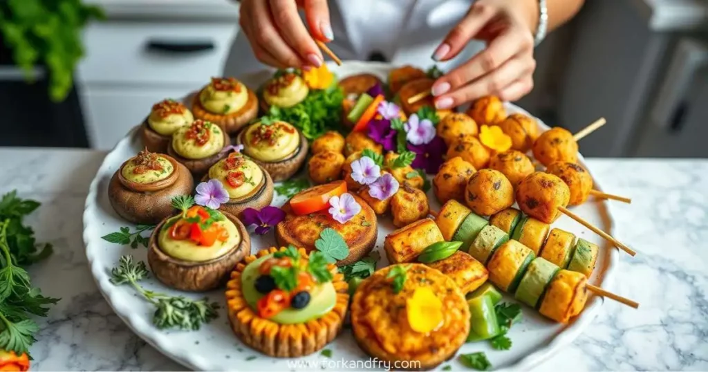 Fork And Fry A beautifully arranged platter of vibrant vegan appetizers, featuring colorful stuffed mushrooms