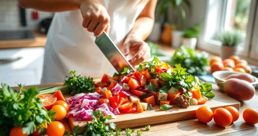 1 Fork and fry Vibrant raw vegetables and fruits being chopped on a wooden cutting board, with fresh herbs scattered around, women's hands skillfully preparing a colorful salad