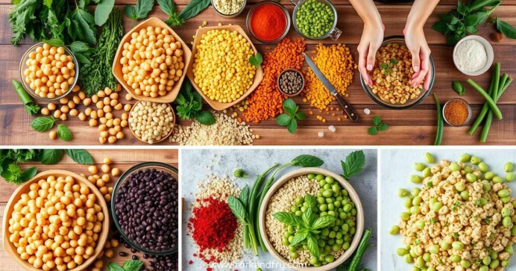 1 fork and fry A vibrant and colorful display of various plant-based proteins, such as chickpeas, lentils, quinoa, and edamame