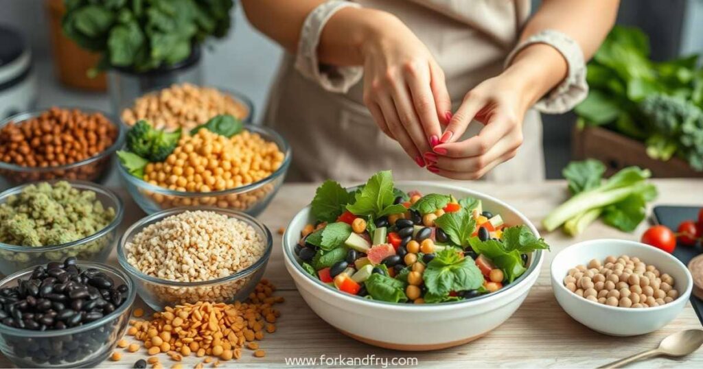 fork and fry A vibrant kitchen scene featuring an array of plant-based protein sources such as lentils, chickpeas, quinoa, and black beans