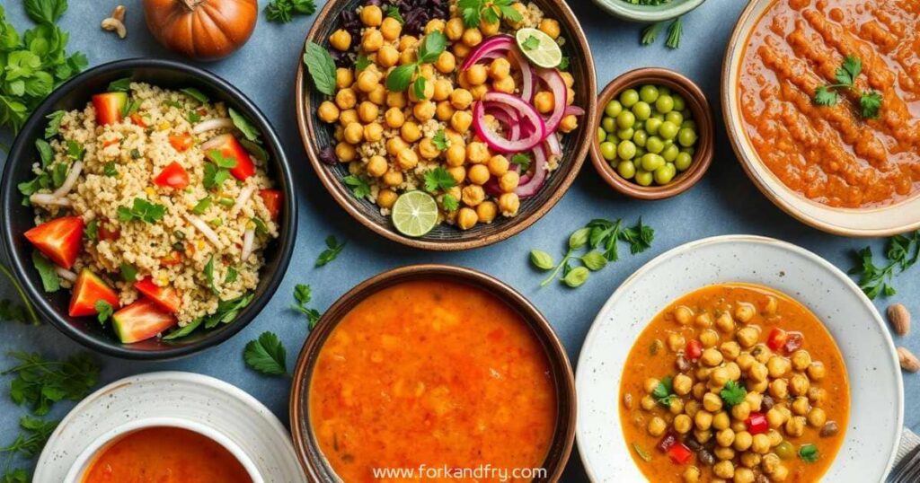 fork and fry A colorful spread of high-protein vegan meals featuring quinoa salad, chickpea curry, lentil soup, and edamame bowls