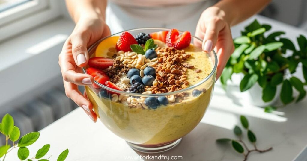 4 Fork And Fry - A vibrant bowl of colorful smoothie topped with fresh fruits, nuts, and seeds, with women's hands gently arranging the toppings