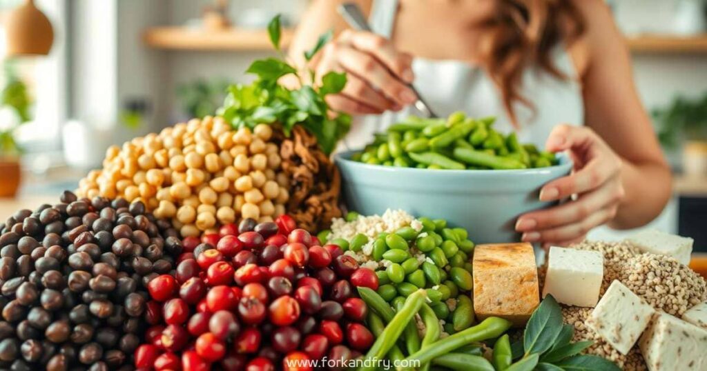  fork and fry Variety of vibrant plant-based protein sources arranged artistically, including lentils, chickpeas, quinoa, edamame, tofu, and hemp seeds