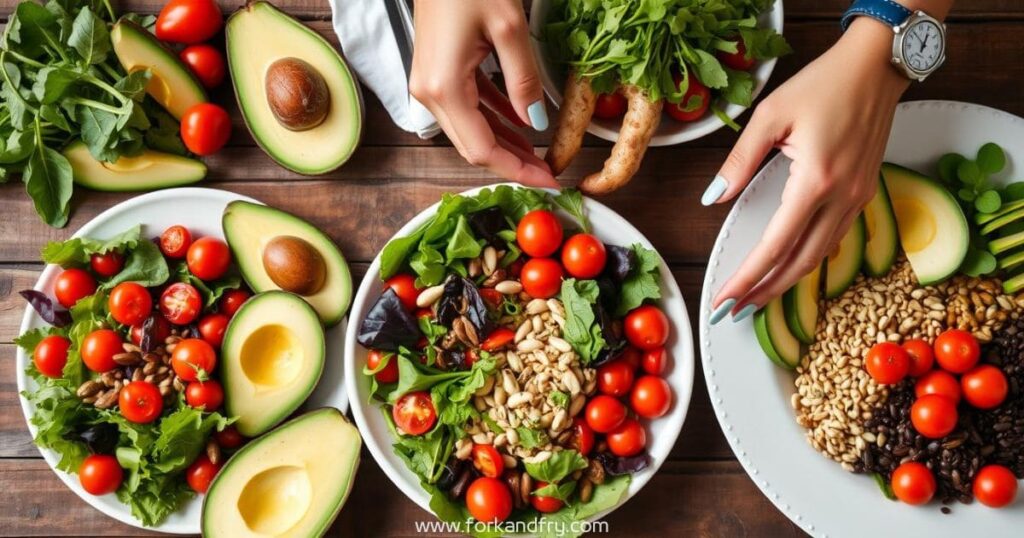 5 Fork And Fry - A vibrant, colorful raw vegan lunch spread featuring fresh salads, sliced avocados, cherry tomatoes, and an assortment of nuts and seeds