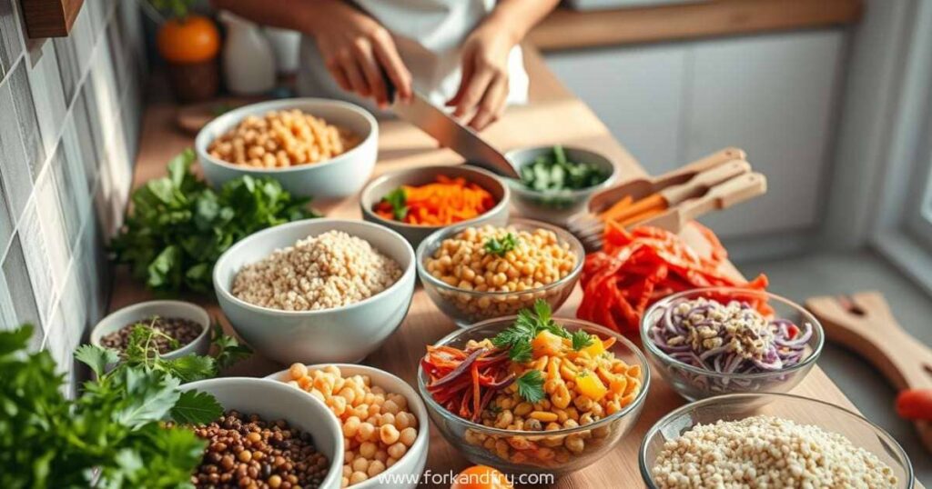 5 for and fry High-protein vegan meal prep scene, featuring vibrant bowls of quinoa, lentils, chickpeas, and colorful vegetables, arranged aesthetically on a wooden countertop